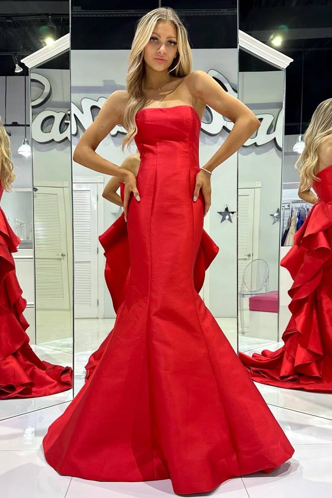 Red Satin Strapless Ruffle Mermaid Long Prom Dress