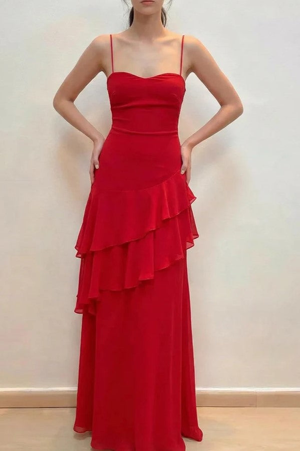 Straps Red Sweetheart Lace-Up Tiered Ruffle Maxi Dress
