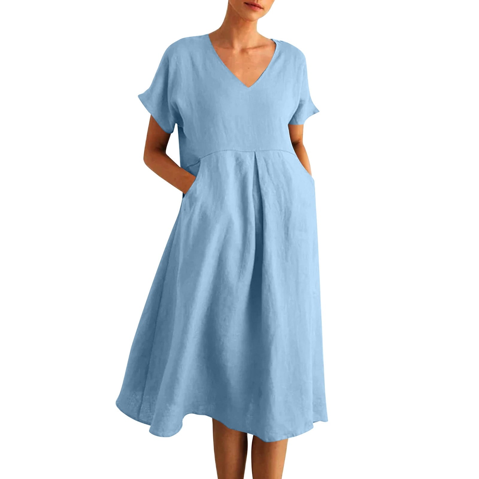 gakvbuo Maxi Dress For Women Short Sleeve Summer Dress V-Neck Soli -Color Casual A-Line Long Dress With Pocket