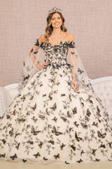 3-D Butterfly Applique Quinceanera Gown Detachable Side Mesh Layer GLGL3167