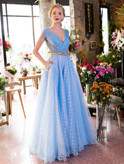 Glamorous Long Evening Dresses Luxury V Neck Rhinestones Beading Cap Sleeve Pleated Lace Tulle Baby Blue Formal Evening Dresses-Ballbella