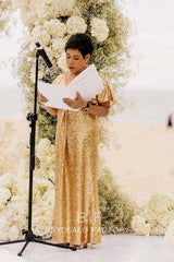 Gold Sequin Floor Length Mother of the Bride Dress