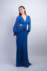 Private Label GOWNS Slate Blue Low V Pleated Gown
