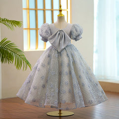Grey Princess Ball Gown for Girls - Puffy Maxi Dress with Sequins & Bows