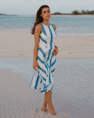 The lifestyle view of the Southern Tide Hayden Stripe Mix Midi Dress by Southern Tide - Classic White