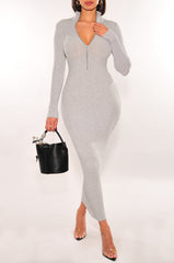 Heather Gray Ribbed Knit Long Sleeve Turtleneck Zip Up Dress - Hot Miami Styles