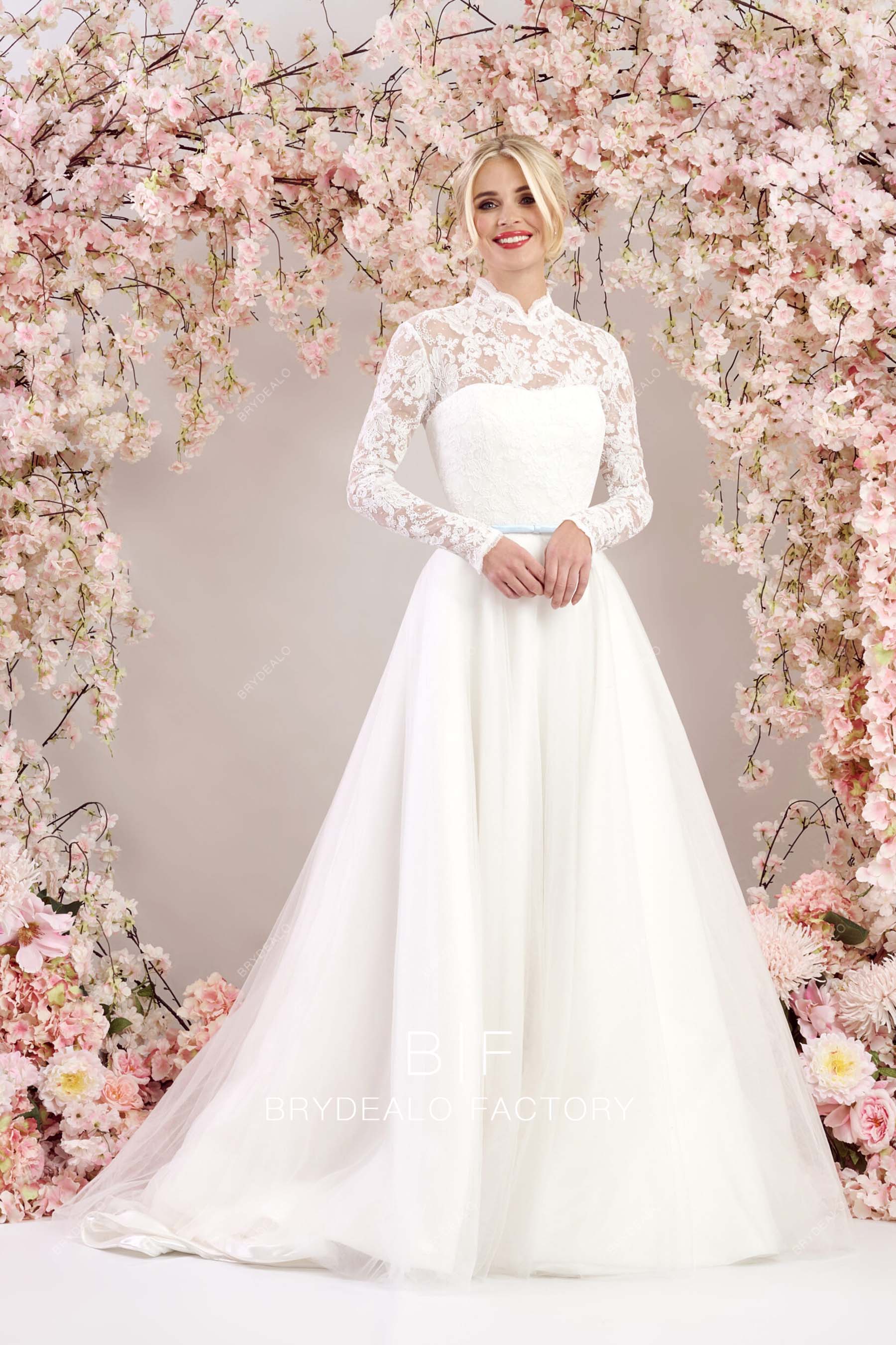 high neck lace traditional long wedding dress
