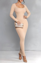 HMS Skins: Tan Baby Rib Long Sleeve Maxi Dress - Hot Miami Styles