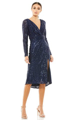 Ieena Duggal - 26555I Knee Length Long Sleeve Sequin Dress Cocktail Dresses 0 / Midnight