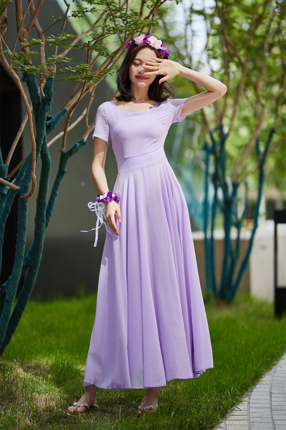 Purple Chiffon Maxi Dress - Fit and Flare with Scoop Neckline 2179