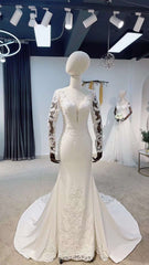 Long Sleeve Satin Lace Mermaid Wedding Bridal Dress, Elegant Romantic Courthouse Civil Wedding Elopement Gown, Fairy Boho Princess Style.