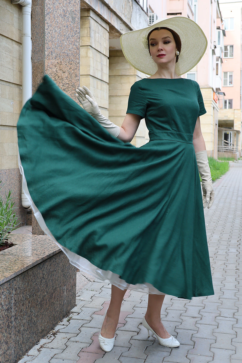 Emerald Green Linen Blend Midi Dress - High Waist Flared Swing 3663