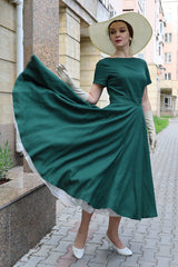 Emerald Green Linen Blend Midi Dress - High Waist Flared Swing 3663