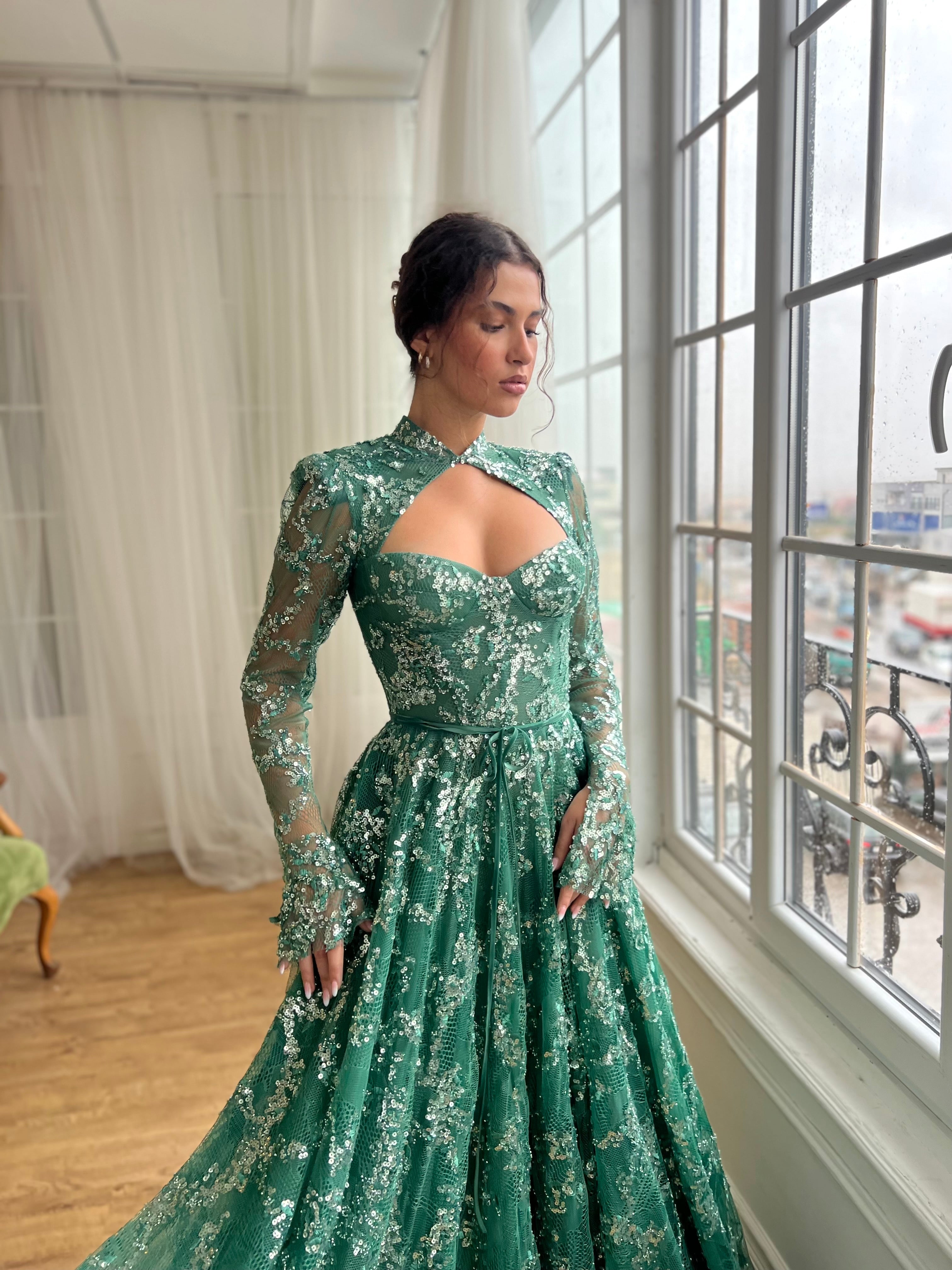 Green A-Line dress with long sleeves, sequins and embroidery