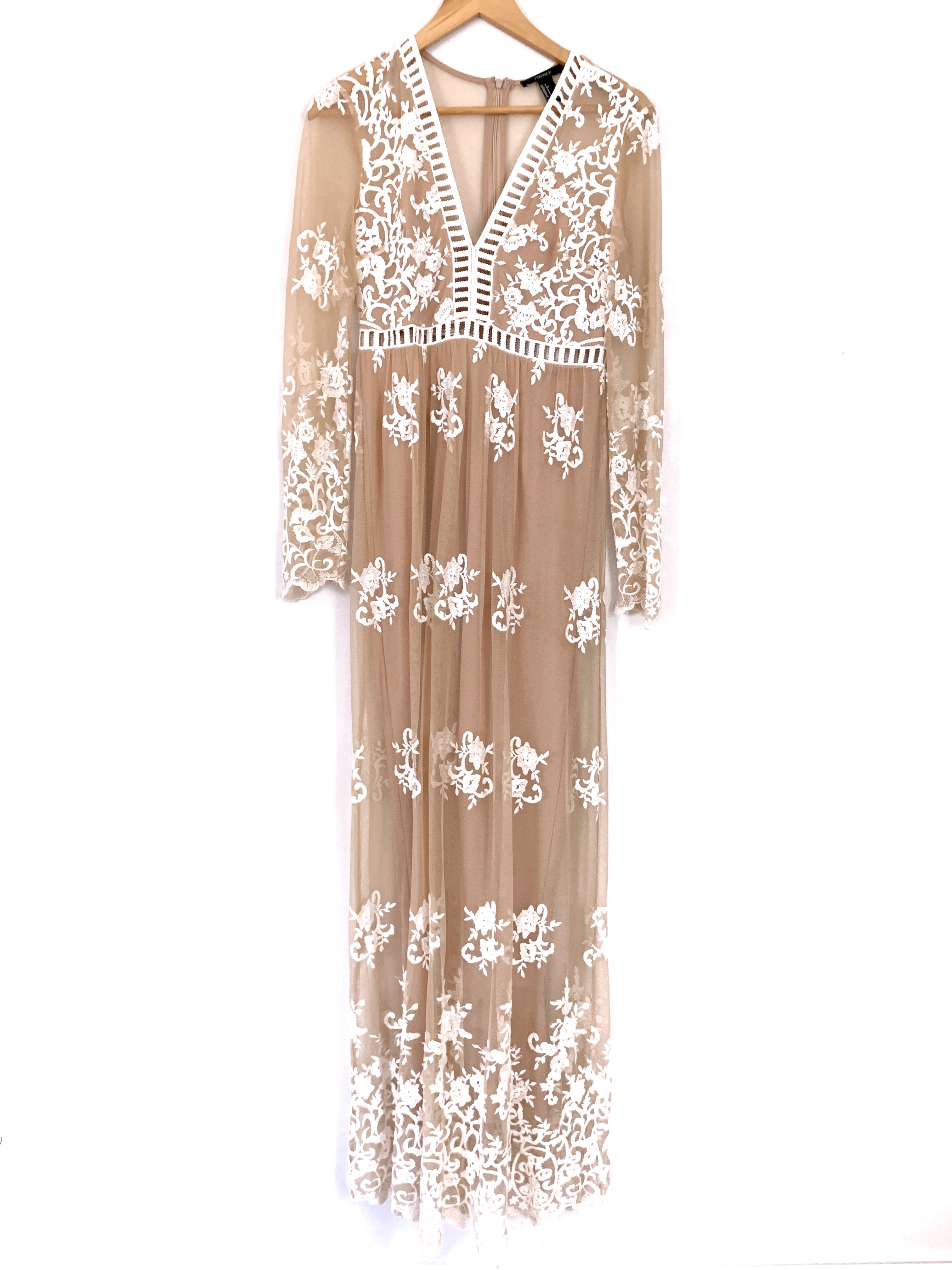 Forever 21 Nude Maxi Dress with White Embroidered Lace- Size S