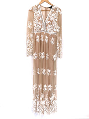 Forever 21 Nude Maxi Dress with White Embroidered Lace- Size S
