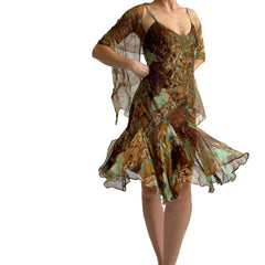 Vintage silk print beaded fairy dress + scarf - M/L