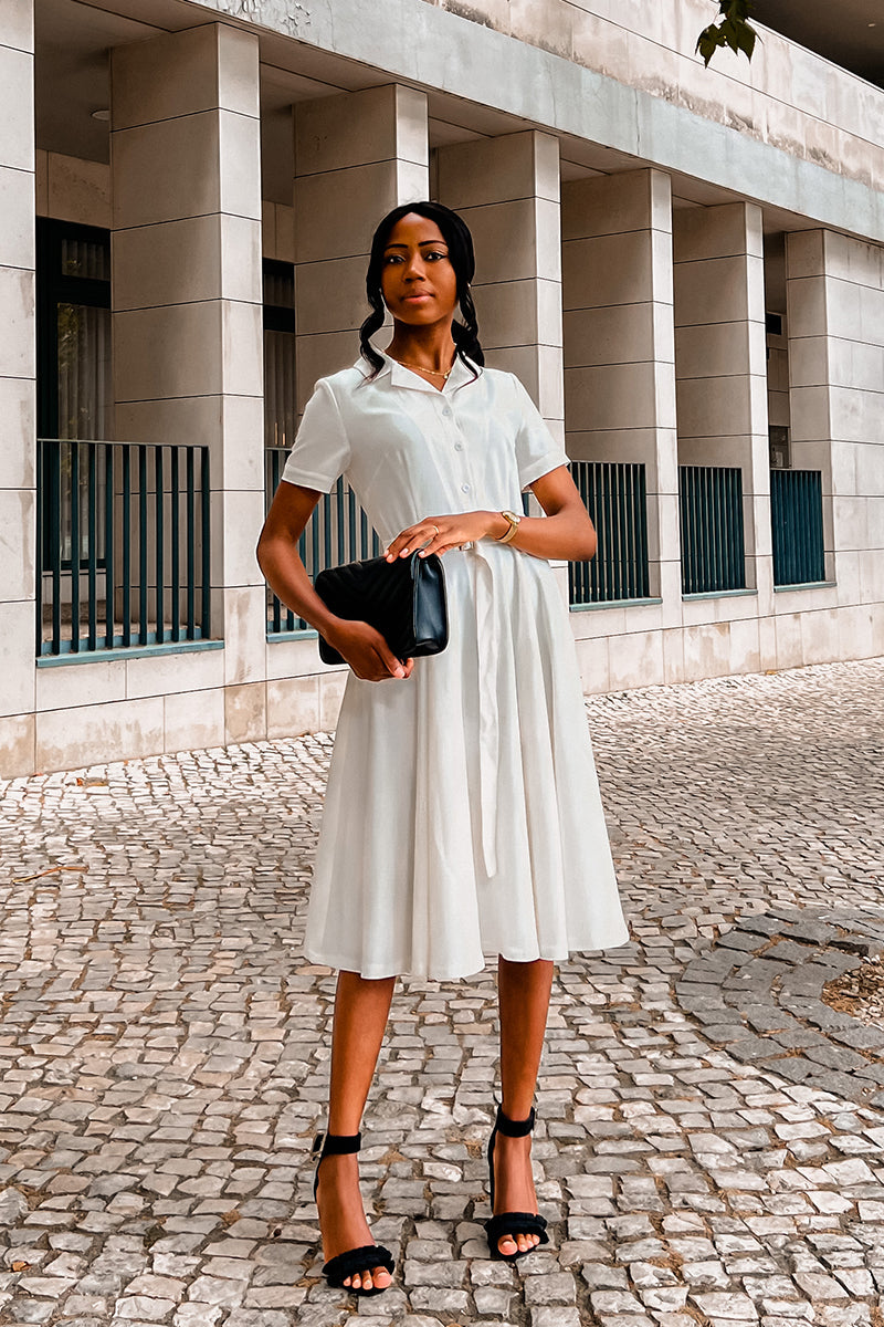 White Linen Cotton Midi Shirt Dress - Button Front, Collared 3607