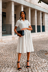 White Linen Cotton Midi Shirt Dress - Button Front, Collared 3607