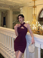 Hot girl purple halter dress female summer chic backless sexy high-end temperament straps waist bag hip skirt3258