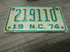 Vtg 1974 Motorcycle License Plate North Carolina No 219110 Rat Bike Man Cave