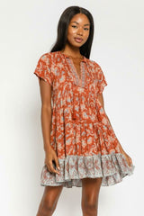 Rust Floral Print Mini Dress