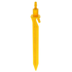 Yellow plastic micro irrigation kit stake with barbed connector and pointed end for secure soil insertion.