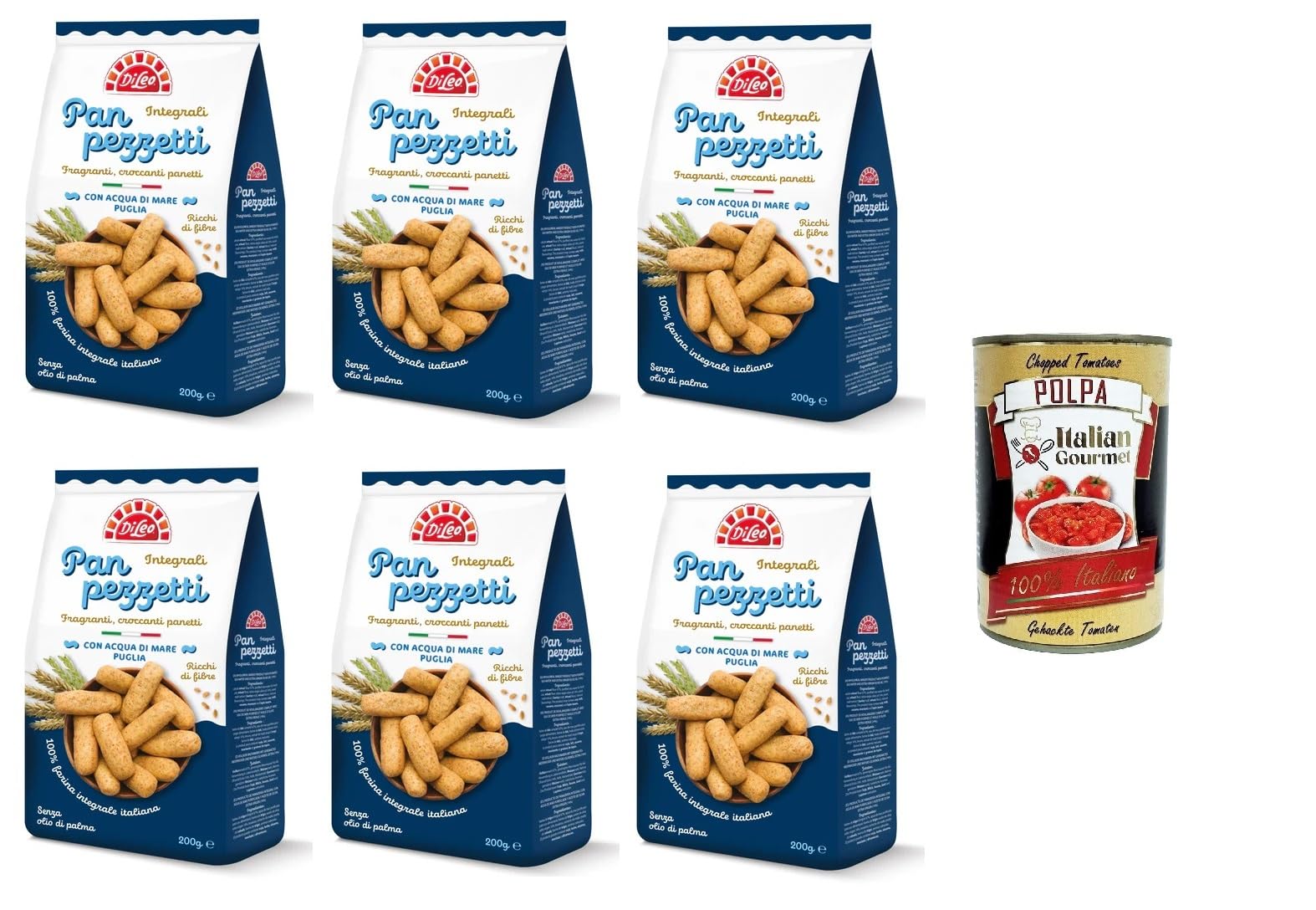 Italian Gourmet Knäckebrot Di Leo Panpezzetti Integrali con acqua di mare Vollkorn-Panpezzetti mit Meerwasser -6x200 gr.+ Italian Gourmet Polpa di Pomodoro 400g 8032804040014