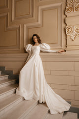 Ivory A - Line Wedding Dress with Empire Waist – Long Sleeves Wedding Dress with High Slit Plus Size – PAOLA - WonderlandByLilian