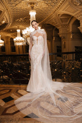 Ivory Lace Mermaid Style Wedding Gown with Cape – Sequin Wedding Dress with Sleeveless and Corset Plus Size – GABRIELLE - WonderlandByLilian