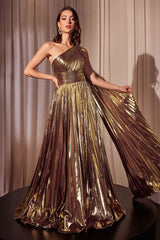 Metallic Gold Pleated One-Shoulder Evening Gown – Shimmering Formal Dress with Draped Cape