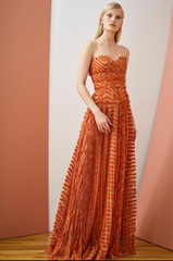 J Mendel Italian Wavy Embroidered Novelty Tulle - Orange