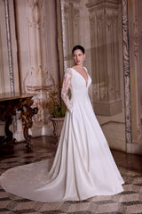 Classic Satin A-Line Wedding Dress With Illusion Sleeves by Justin Alexander — image 1 of 5