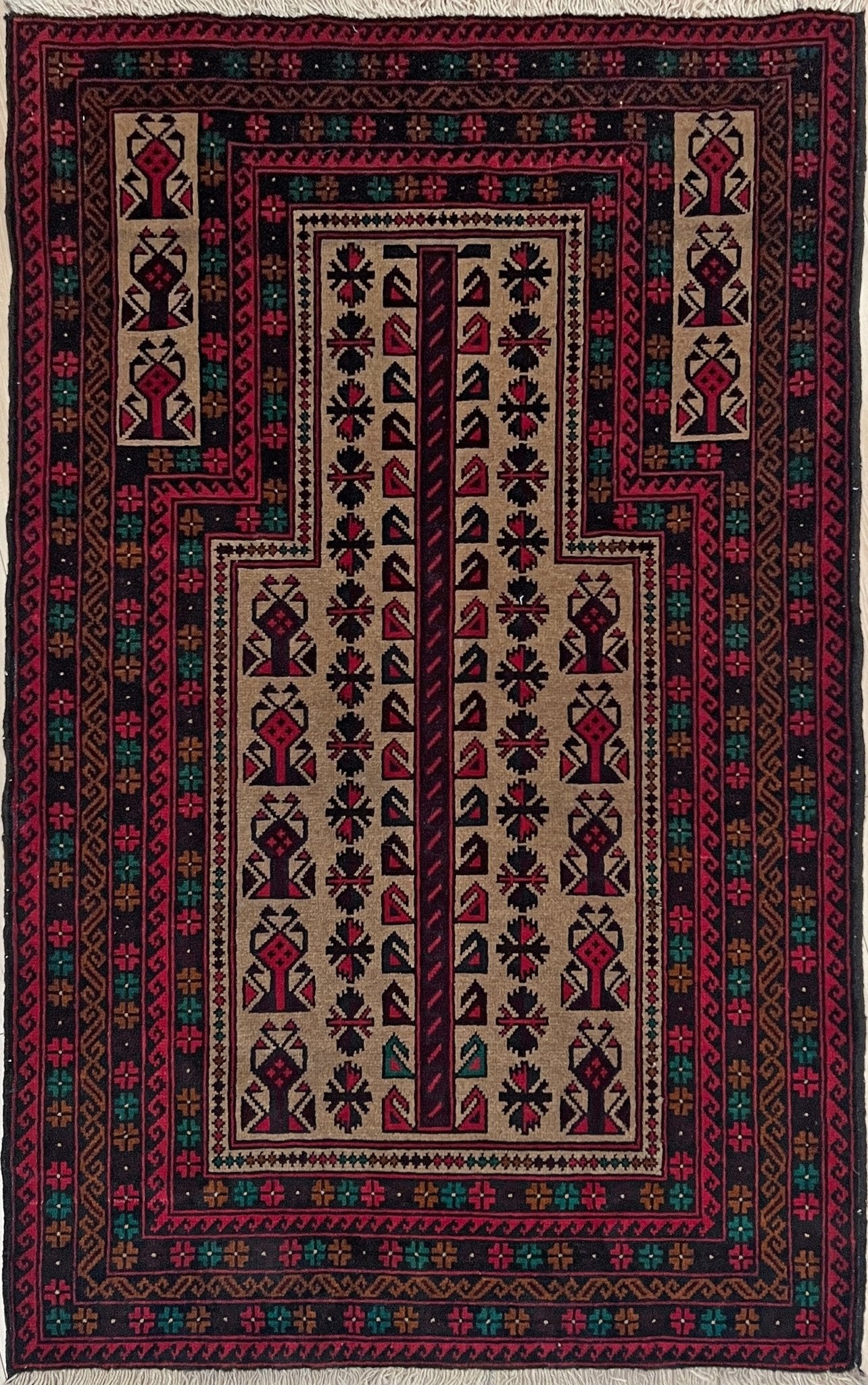 Baluch Turkmen Prayer Rug - Handmade Wool Carpet in a 3x5 size, featuring traditional tribal geometric patterns with rich red, black, beige, green, and teal colors. Ideal for living room, bedroom, kitchen, entryway, or nursery decor. Available at a handmade rug shop in the San Francisco Bay Area.