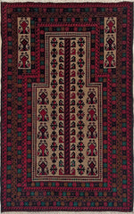 Baluch Turkmen Prayer Rug - Handmade Wool Carpet in a 3x5 size, featuring traditional tribal geometric patterns with rich red, black, beige, green, and teal colors. Ideal for living room, bedroom, kitchen, entryway, or nursery decor. Available at a handmade rug shop in the San Francisco Bay Area.