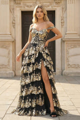 Gold Off the Shoulder Sequin Long Prom Dress with Slit - KissProm