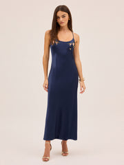 Karla Navy Satin Embroidered Dress By KITRI Studio