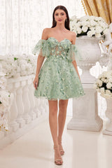 Mint Green,Black,Lavender Floral Off-Shoulder Mini Dress – Sheer Corset A-Line Tulle Party Dress