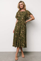 Front view of olive floral midi dress on mannequin showing round neckline, flutter sleeves, fitted bodice and flowy A-line skirt with ruffle detail.