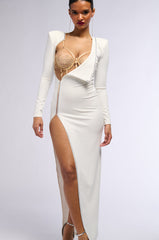 Front View Leader Of The Pack Long Sleeve High Slit Gown In White
