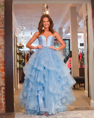 Light Blue Ruffle Prom Dresses Strapless Sparkly Tulle Ball Gown FD3618-prom dresses 2025 -Viniodress-Light Blue-Custom Size-