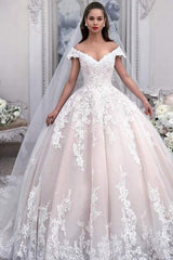 Light Pink Off the Shoulder Ball Gown Tulle with Appliques Wedding Dress - Wedding Dresses