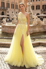 Light Yellow One Shoulder 3D Appliques Beading Long Prom Dress with Slit - KISSPROM PROM DRESSES