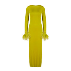 Lime Green Silk Satin Backless Dress With Feather Trim - NALÈ