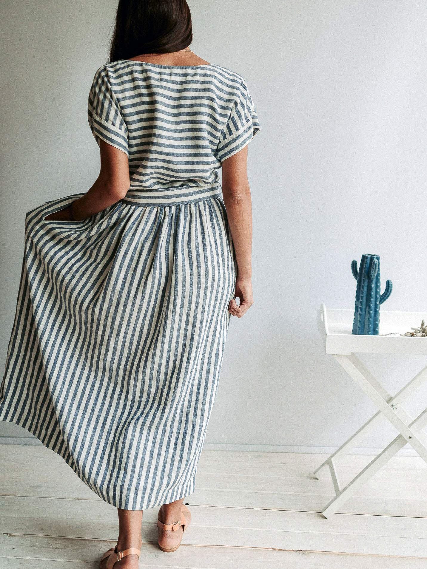 Long Linen Dress with Belt "Aurelia", Linen Maxi Dress-Linenbee