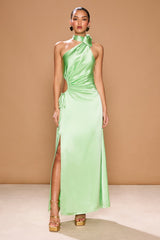 Long formal silk dress with one-shoulder neckline, side slit, and neck tie – ALIA DRESS by SONYA MODA
