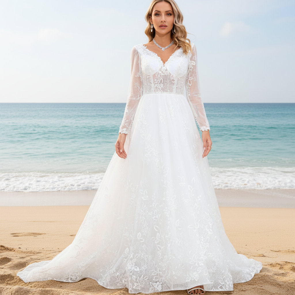 Modern Sheer Bodice A-line V-neck Lace Wedding Dress with Long Sleeves