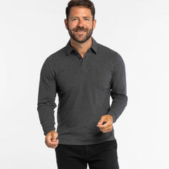 Buy Heather Charcoal Pique Long Sleeve Polo Shirt for Short Men | Ash & Erie Long Sleeve Polos