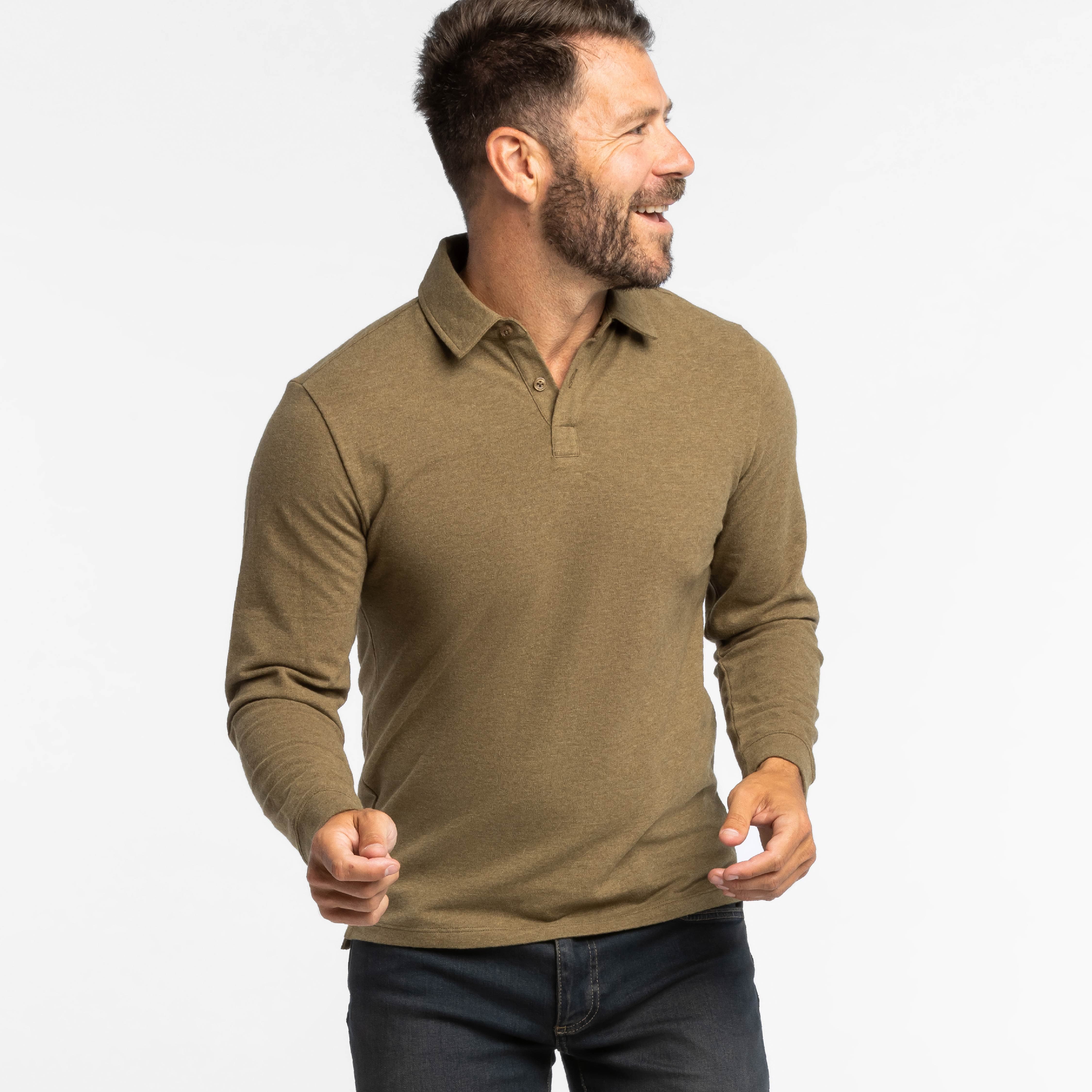 Buy Heather Olive Pique Long Sleeve Polo Shirt for Short Men | Ash & Erie Long Sleeve Polos