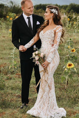 Long Sleeves Lace Wedding Dress Mermaid Boho Bridal Gowns-27dress